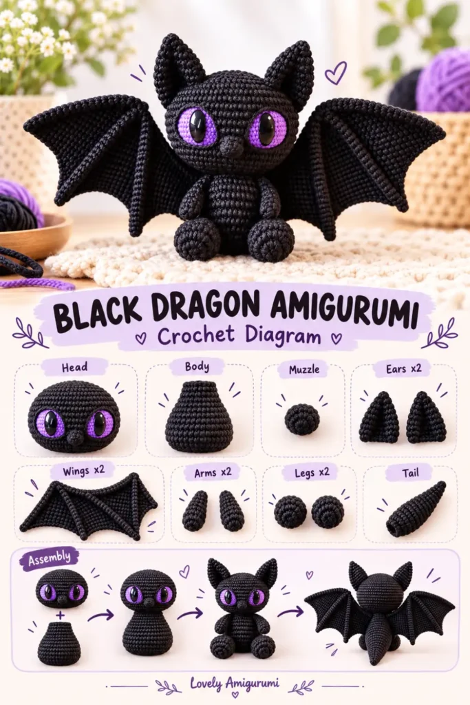 Black Dragon Amigurumi Crochet Pattern with large wings and purple eyes