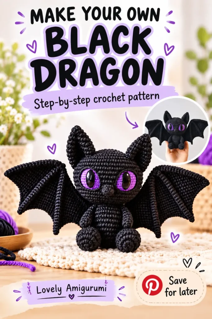 Black Dragon Amigurumi Crochet Pattern with large wings and purple eyes