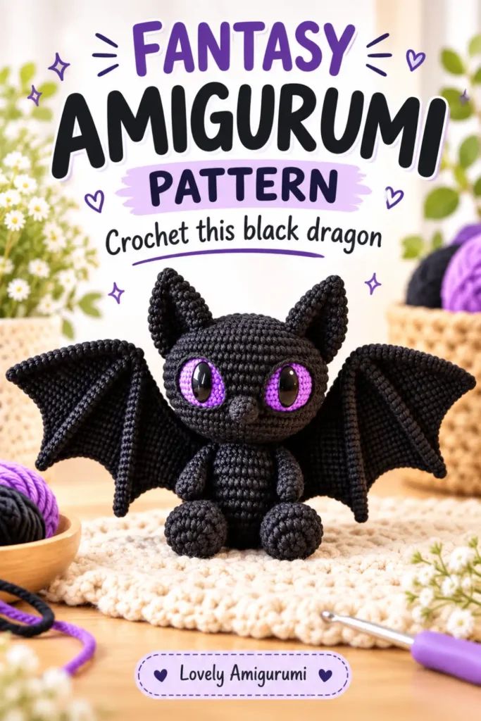 Black Dragon Amigurumi Crochet Pattern with large wings and purple eyes