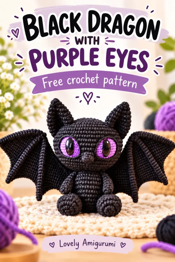 Black Dragon Amigurumi Crochet Pattern with large wings and purple eyes