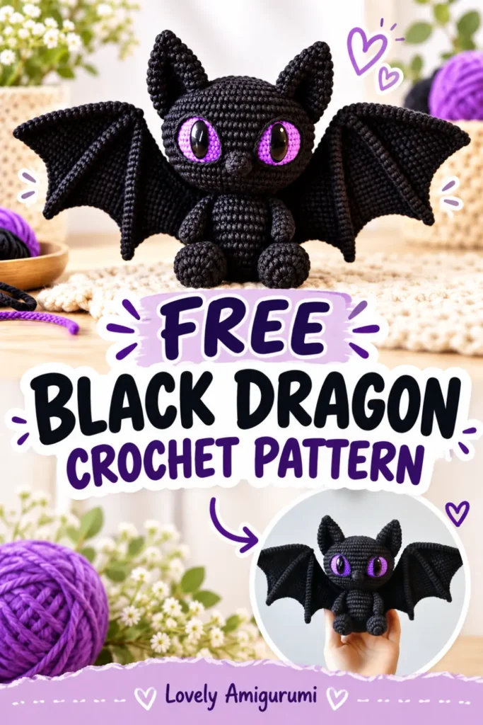 Black Dragon Amigurumi Crochet Pattern with large wings and purple eyes