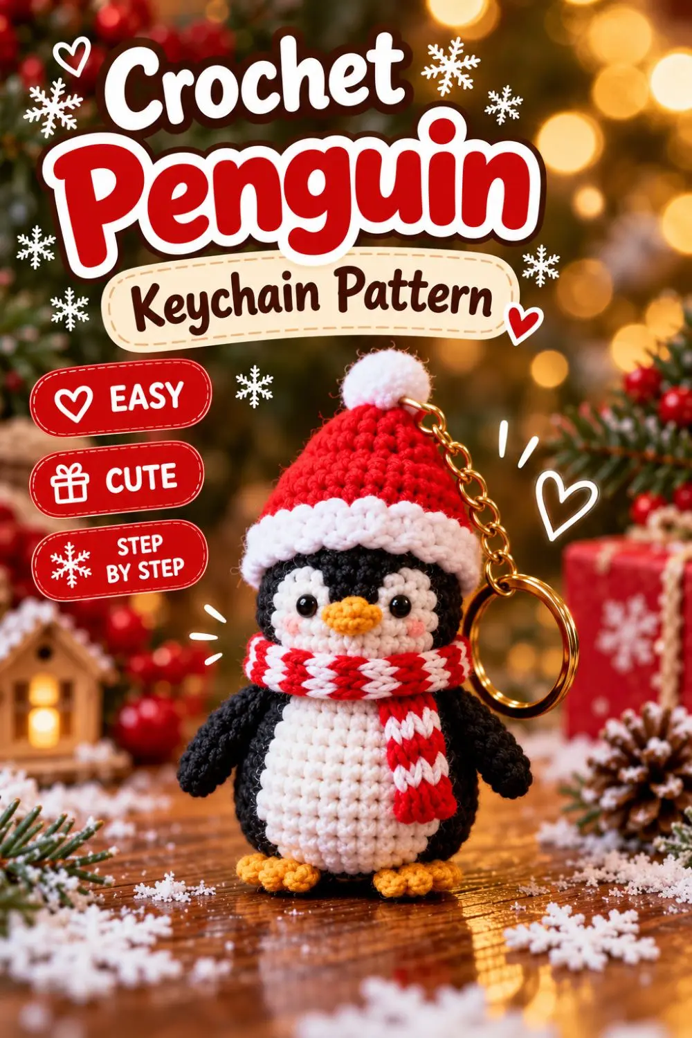 Black and white amigurumi penguin keychain wearing a red Santa hat