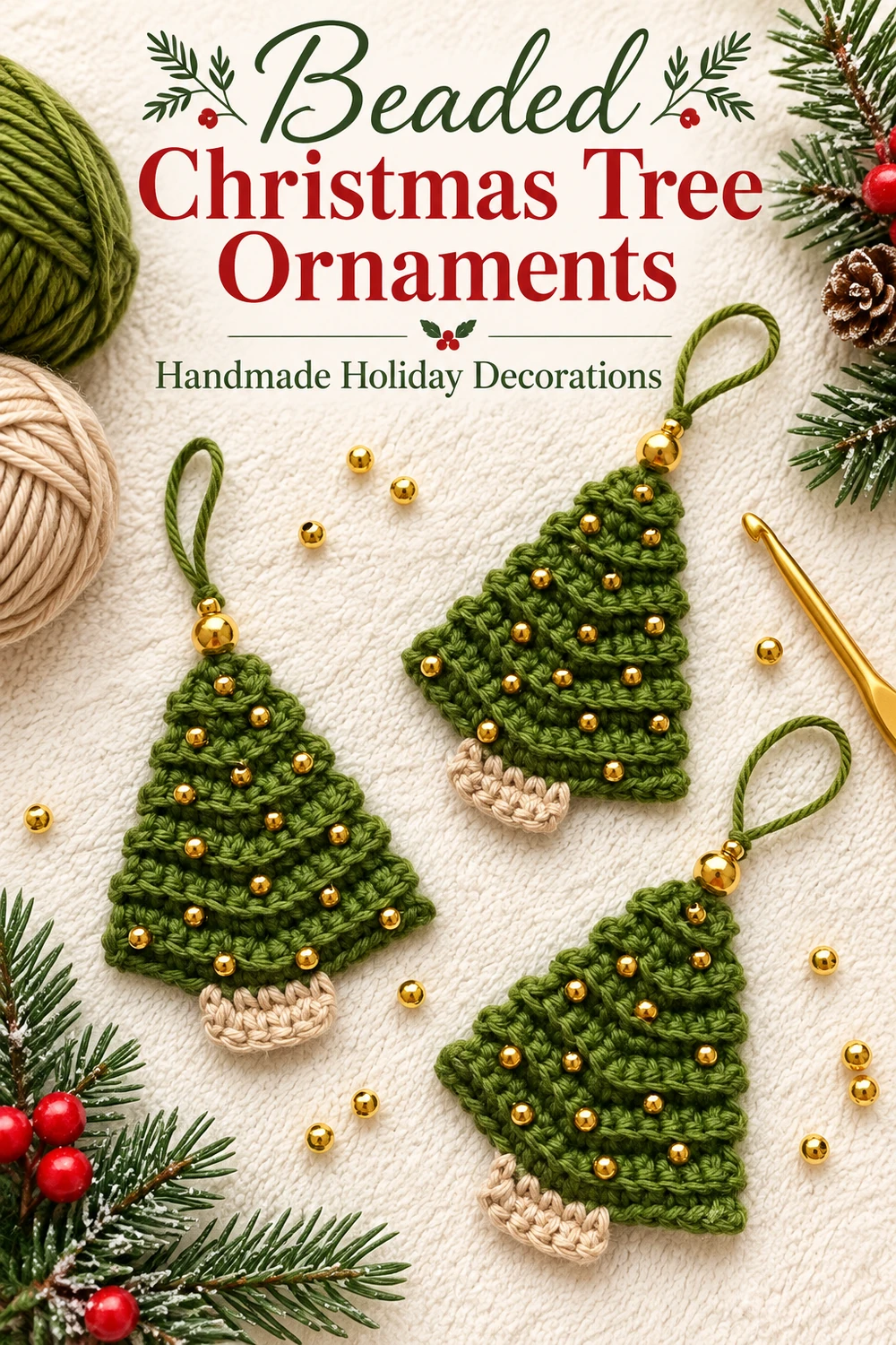 Green beaded crochet trees with yarn and holiday craft supplies