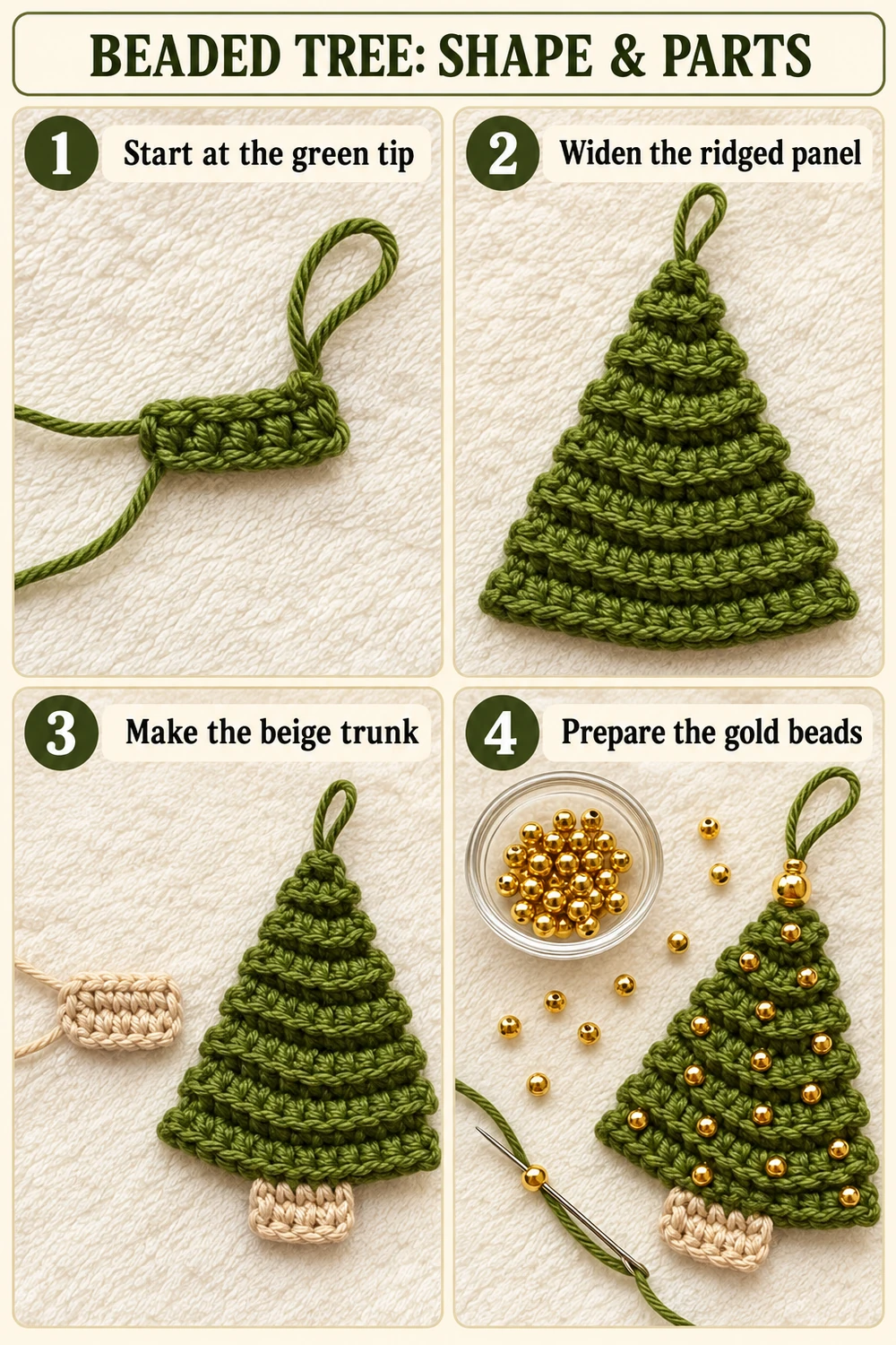 Beaded tree crochet photo tutorial showing green panel, trunk, and bead materials
