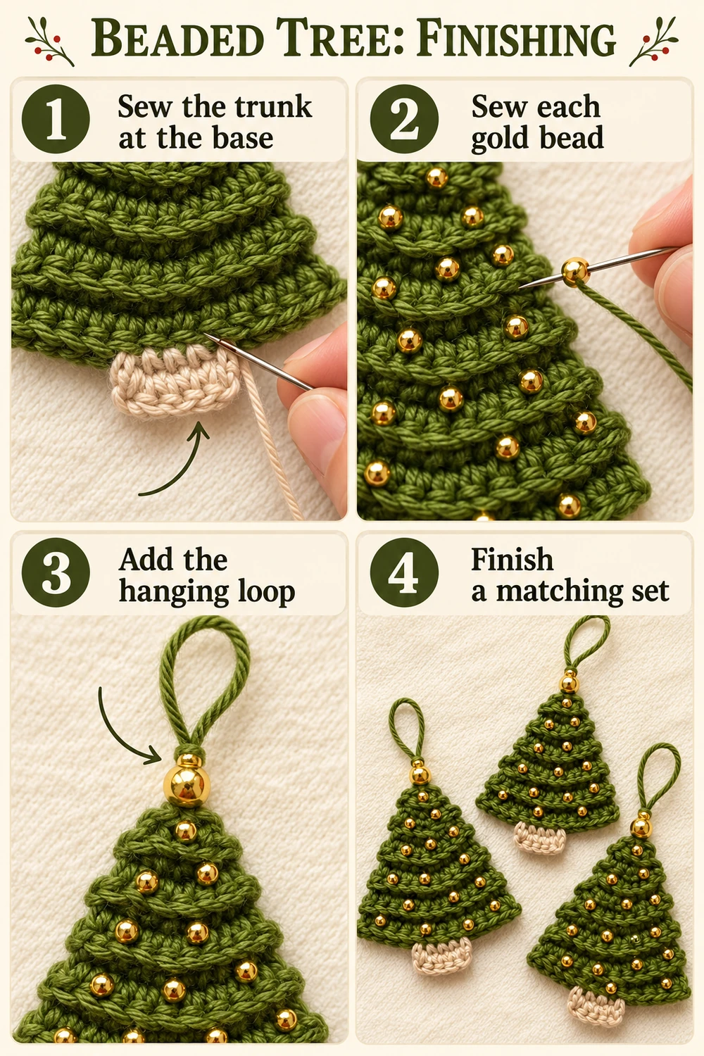 Christmas tree ornament finishing tutorial showing trunk, beads, and hanging loop