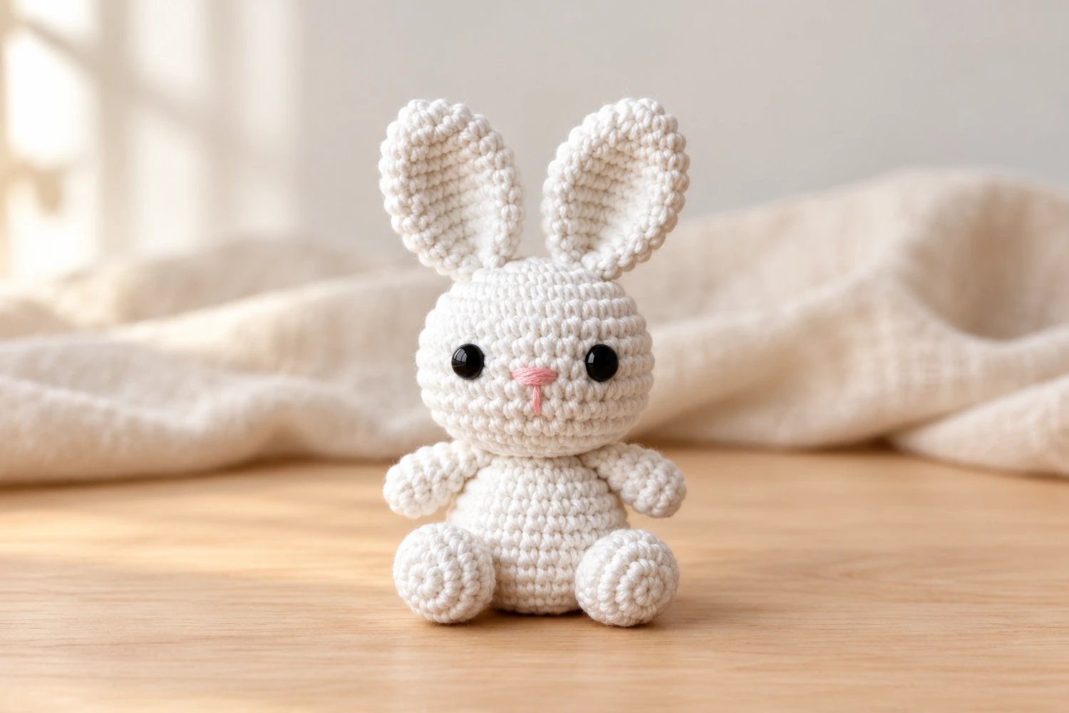 Bunny Amigurumi with white upright ears, round feet and a pink embroidered nose