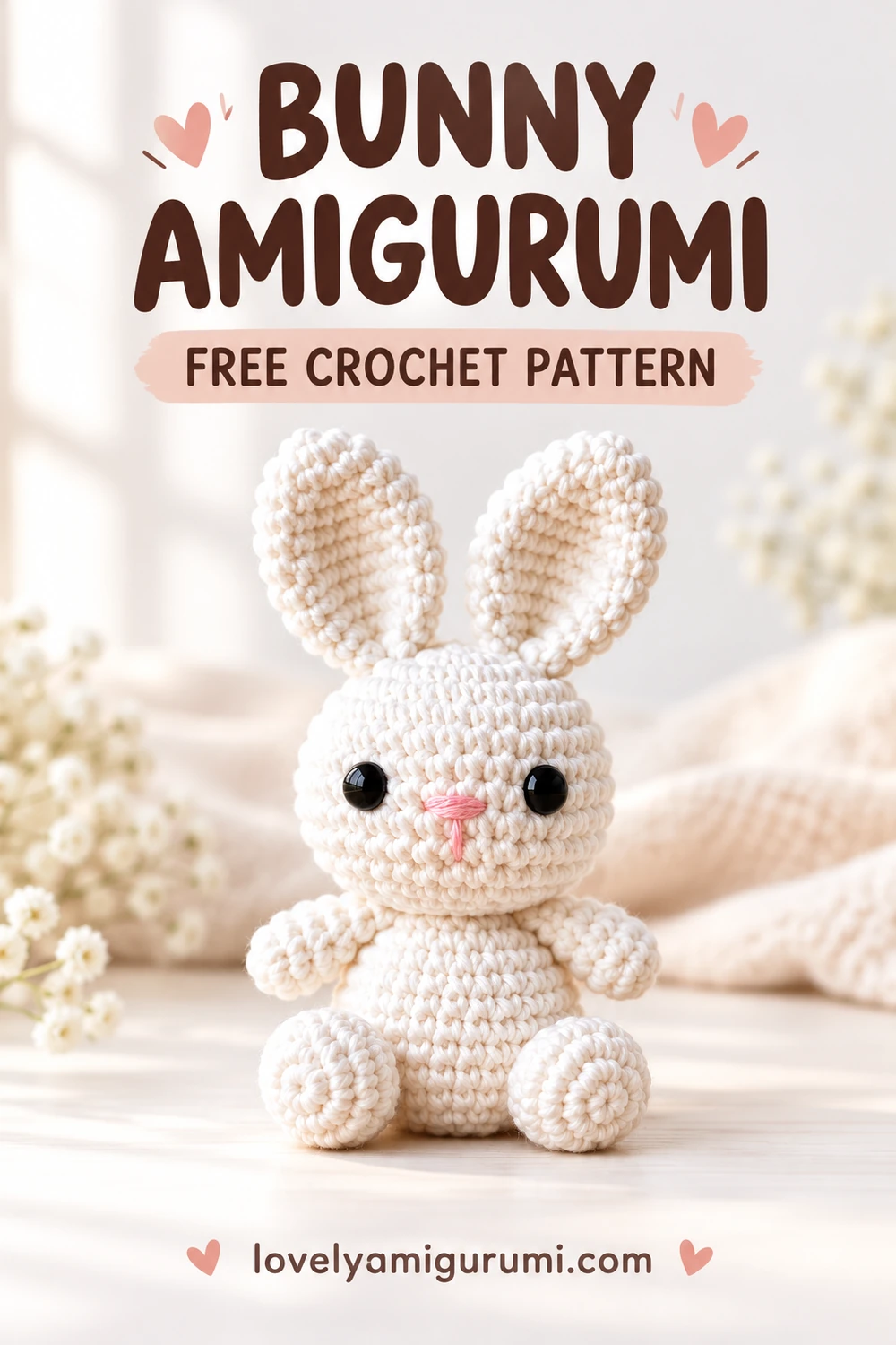 Bunny Amigurumi with white upright ears, round feet and a pink embroidered nose Pinterest pin 3