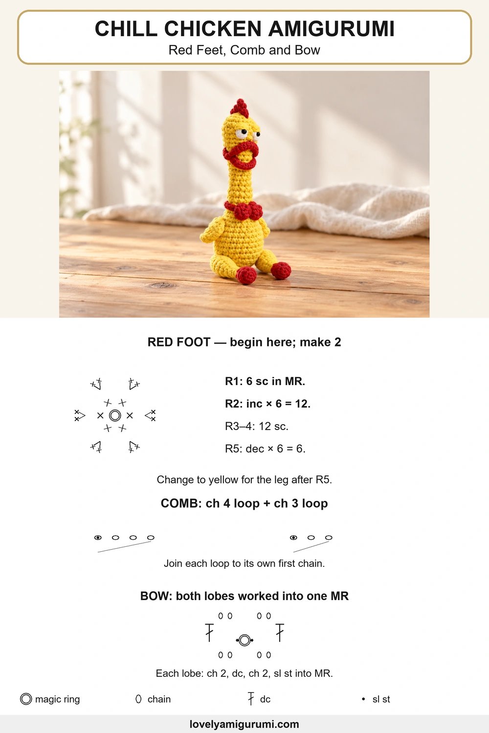 Chill Chicken Amigurumi – Red Feet, Comb and Bow symbol chart