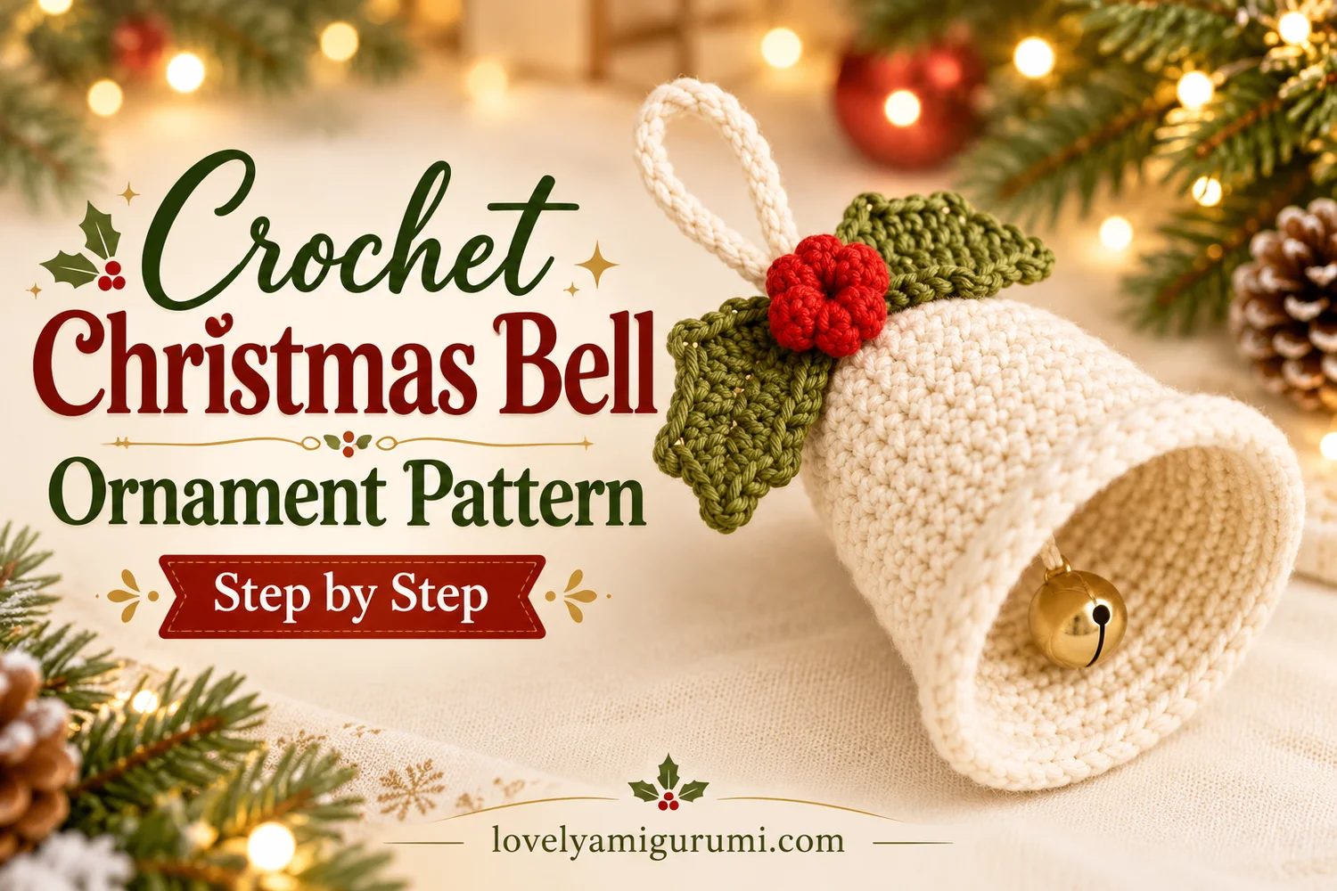 Christmas Bell Ornament Crochet Pattern with cream shell, olive holly, red berries, and gold jingle bell