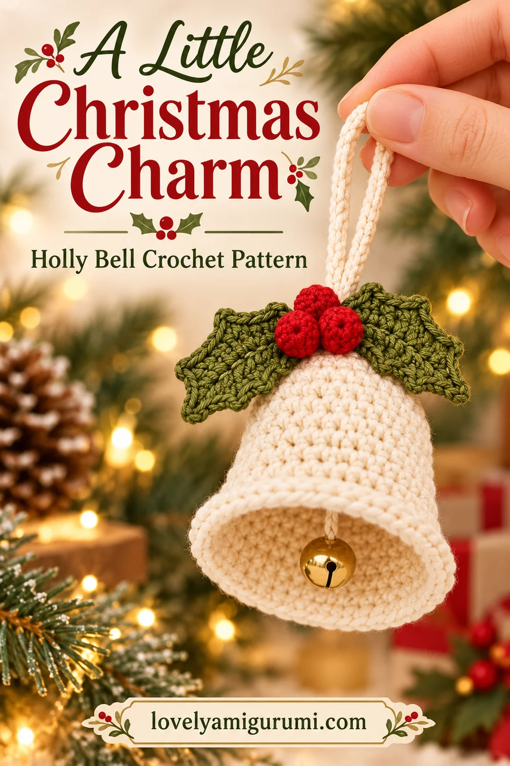 Cream holly bell crochet ornament held by its hanging loop