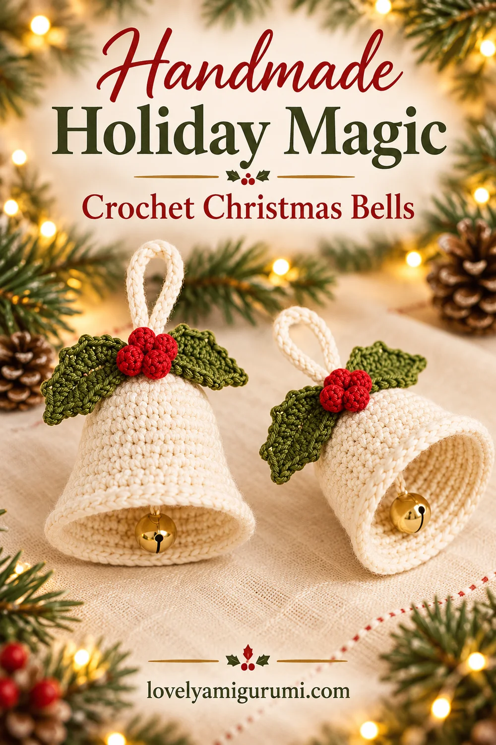 Two handmade cream Christmas bell ornaments with olive holly and gold jingle bells