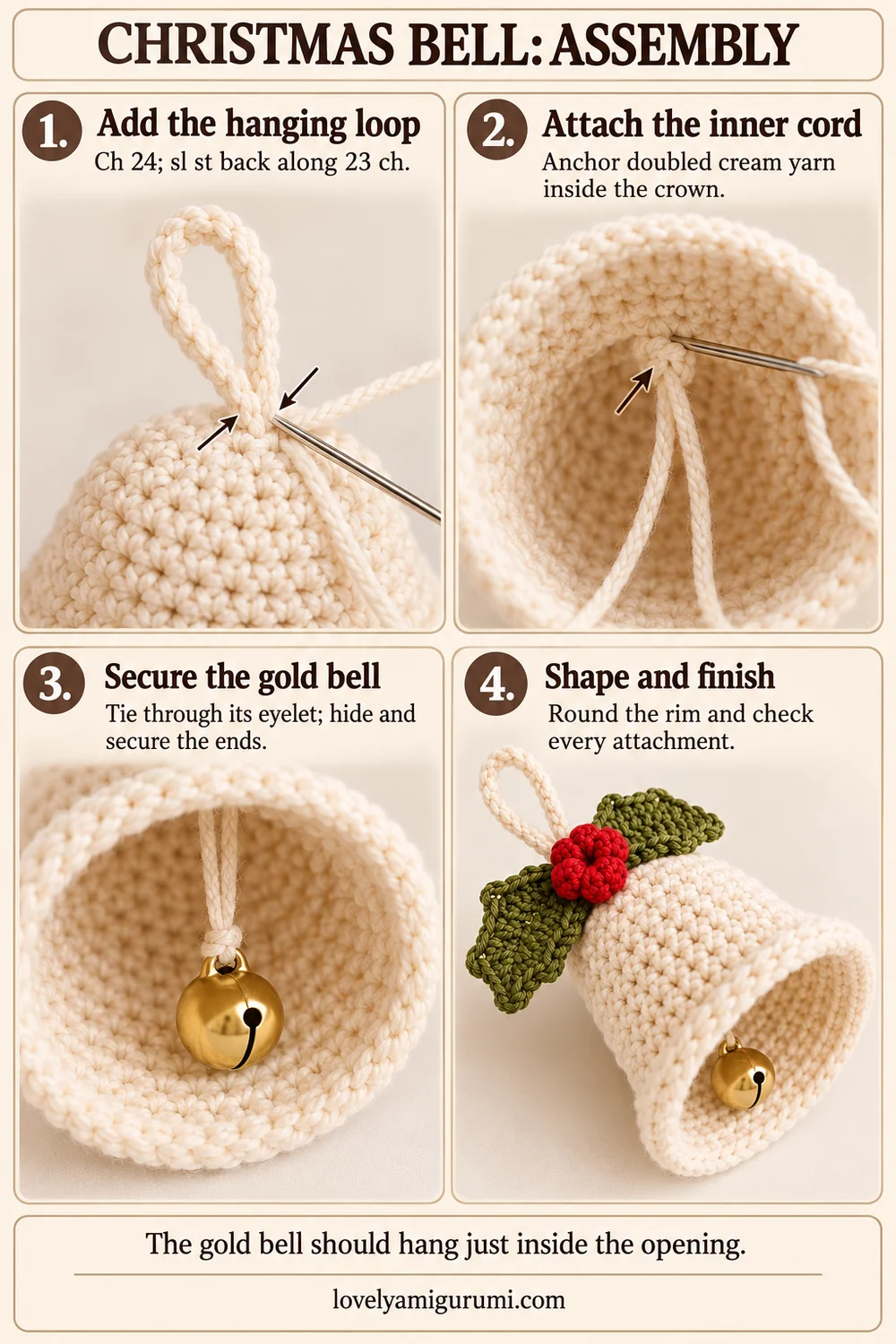 Christmas bell crochet tutorial showing hanging loop and inner gold bell attachment