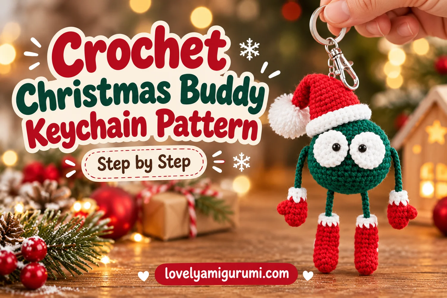 Christmas Buddy Keychain Crochet Pattern with green body, white eyes, and Santa hat