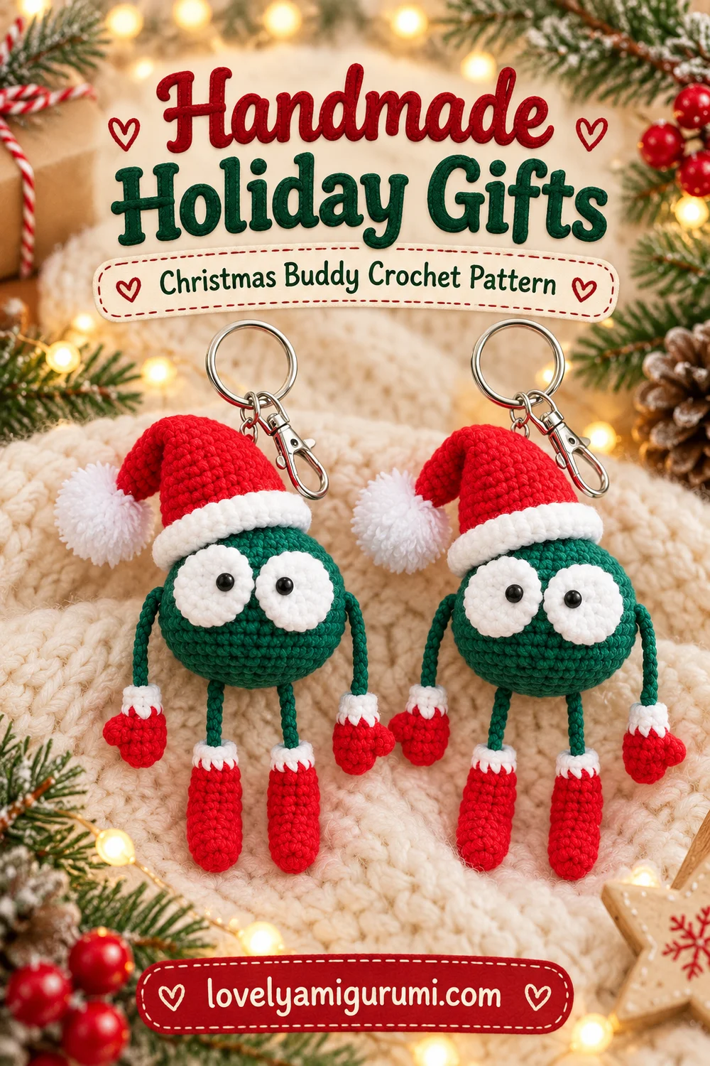 Two Christmas buddy crochet keychains with red hats, mittens, and boots