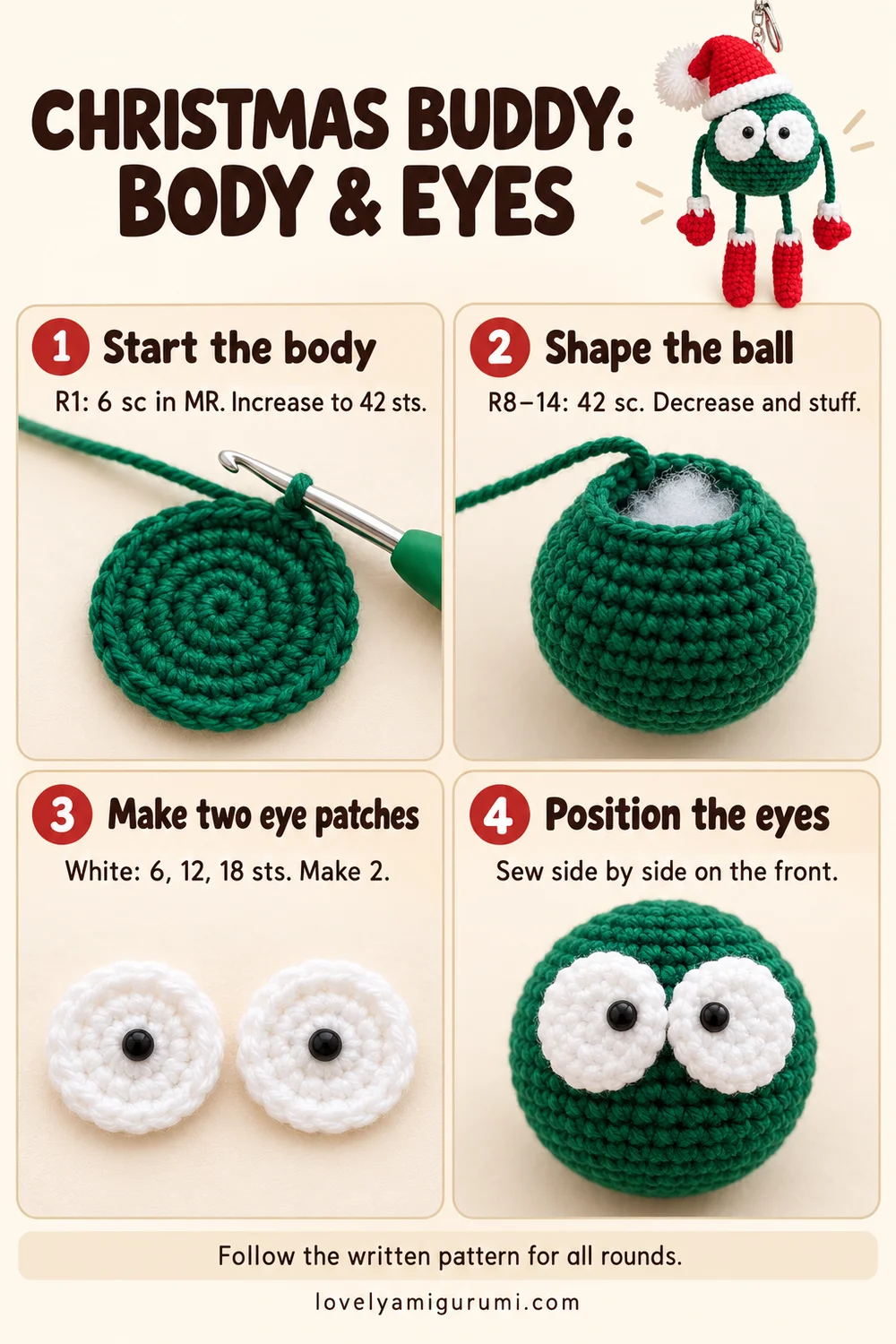 Christmas buddy crochet tutorial showing the round green body and white eye patches
