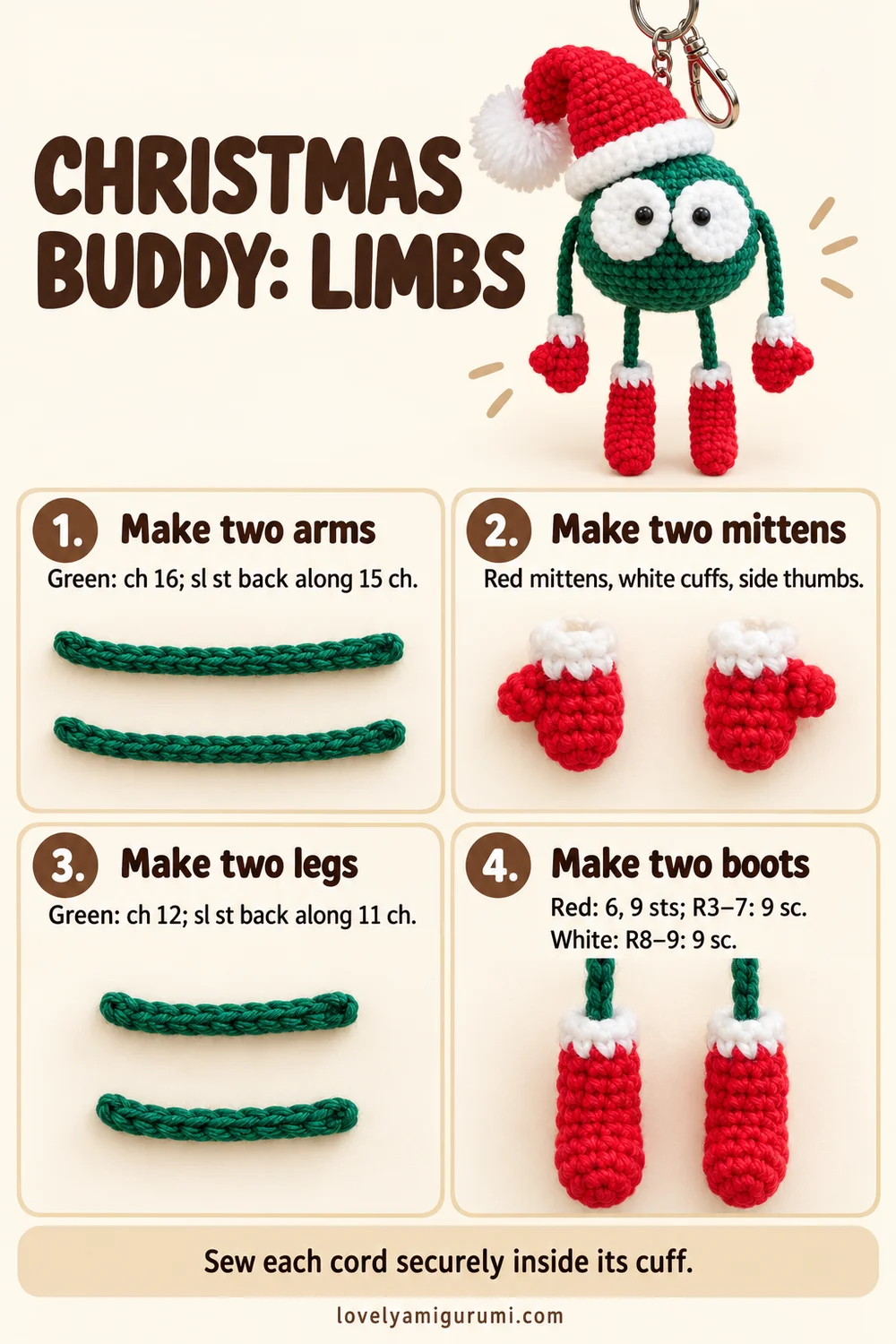 Christmas buddy crochet tutorial showing cord limbs, red mittens, and boots
