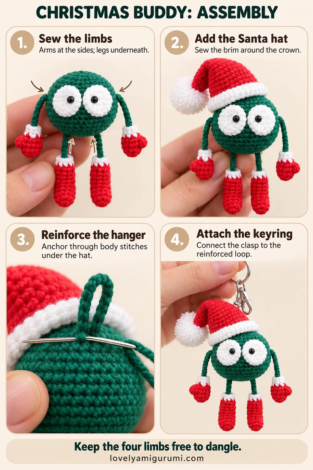 Christmas buddy crochet tutorial showing assembly and reinforced silver keyring