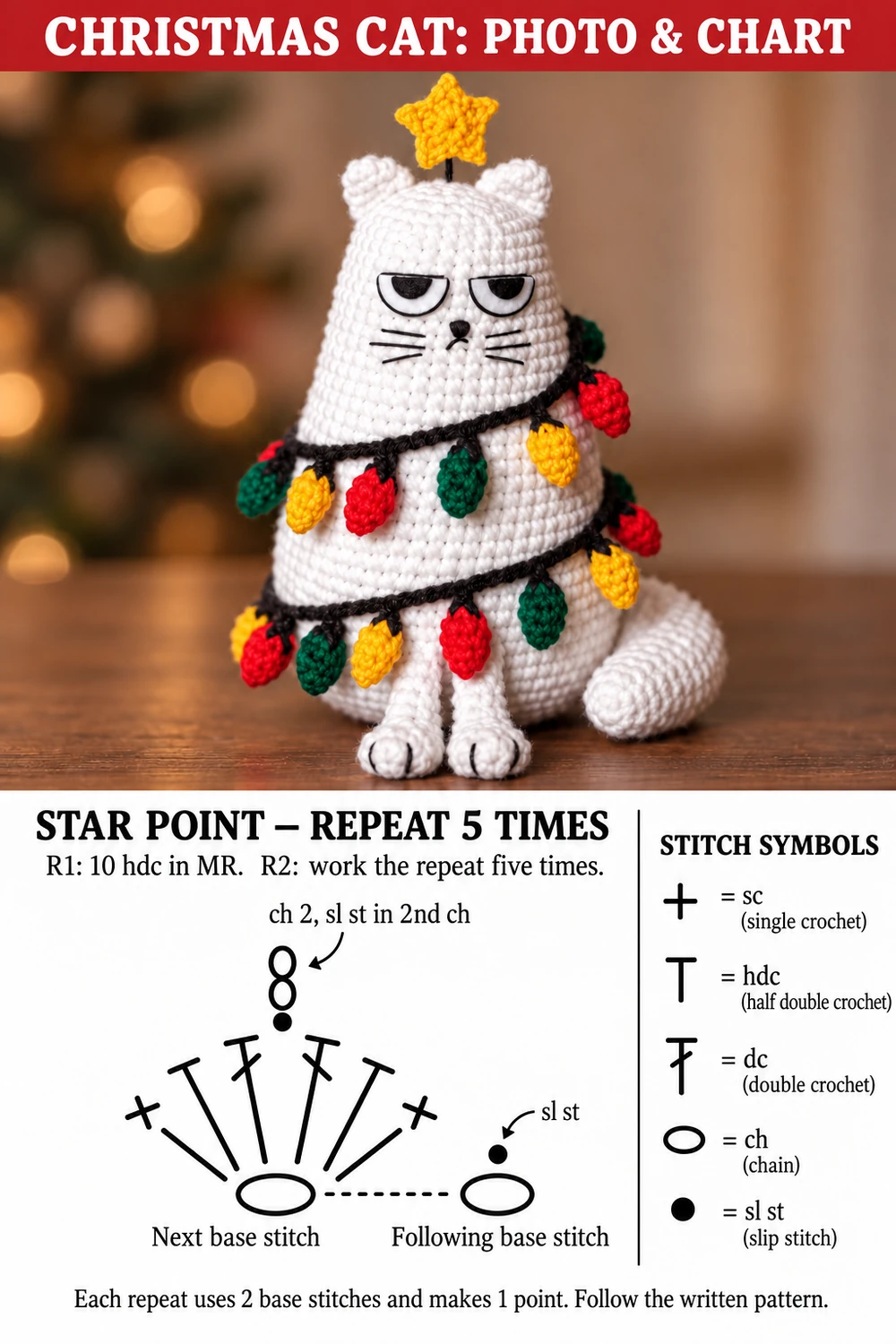 Finished Christmas cat above five-point star repeat chart with English stitch legend