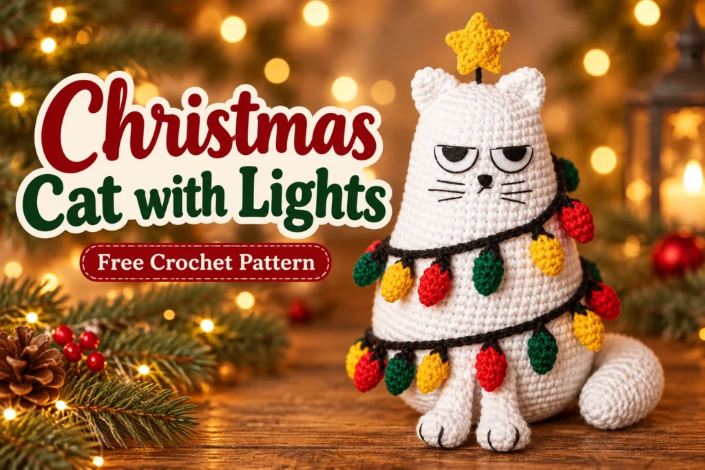 Christmas Cat with Lights Crochet Pattern showing white sleepy cat and yellow star