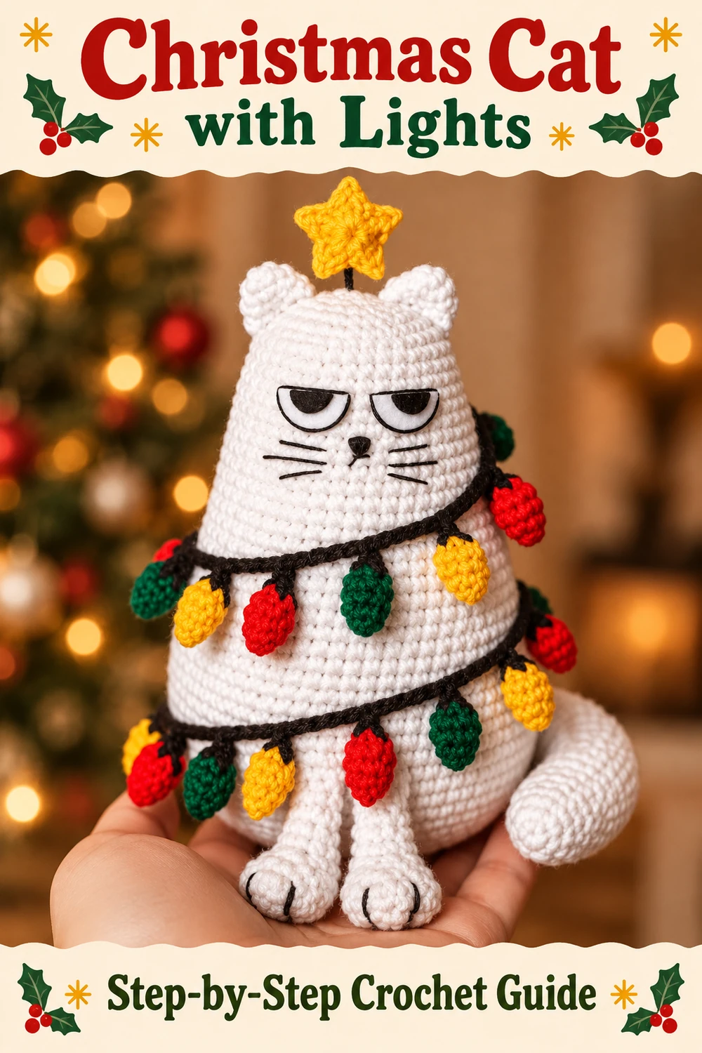 White Christmas cat with colorful crocheted lights held in a hand