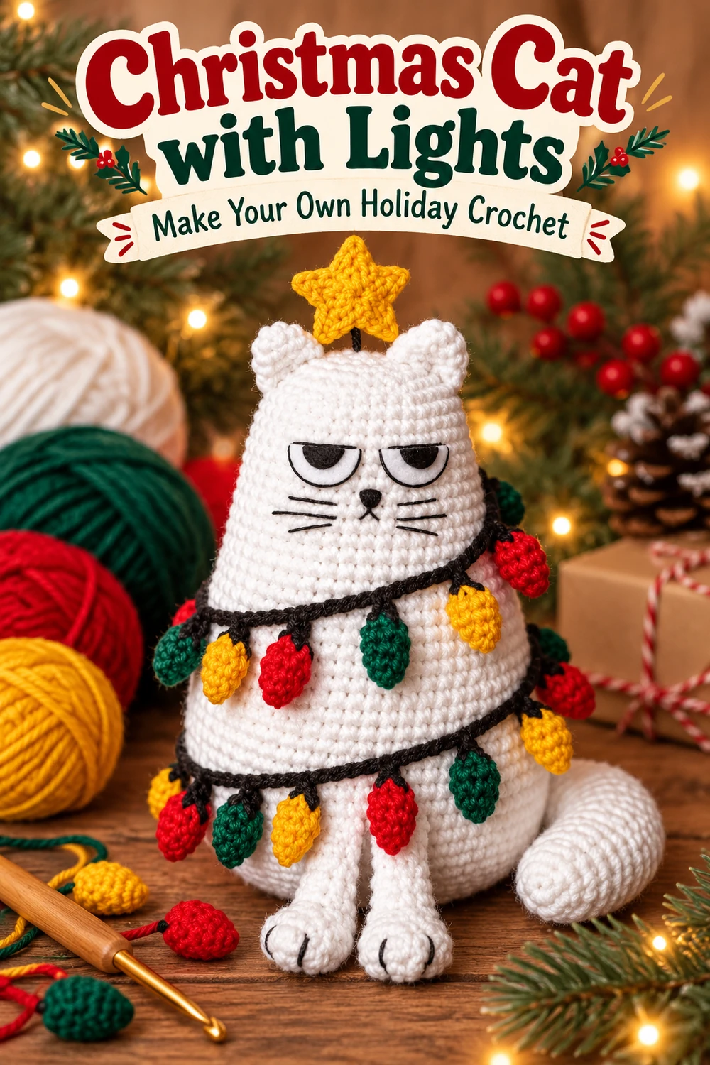 Christmas cat amigurumi with yarn balls and crochet supplies