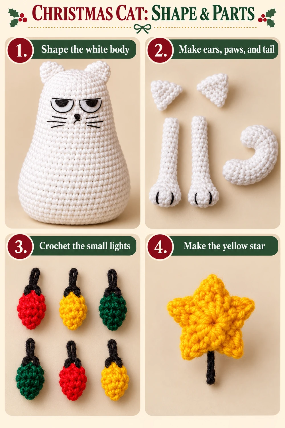Christmas cat crochet tutorial showing body, ears, paws, tail, lights, and star