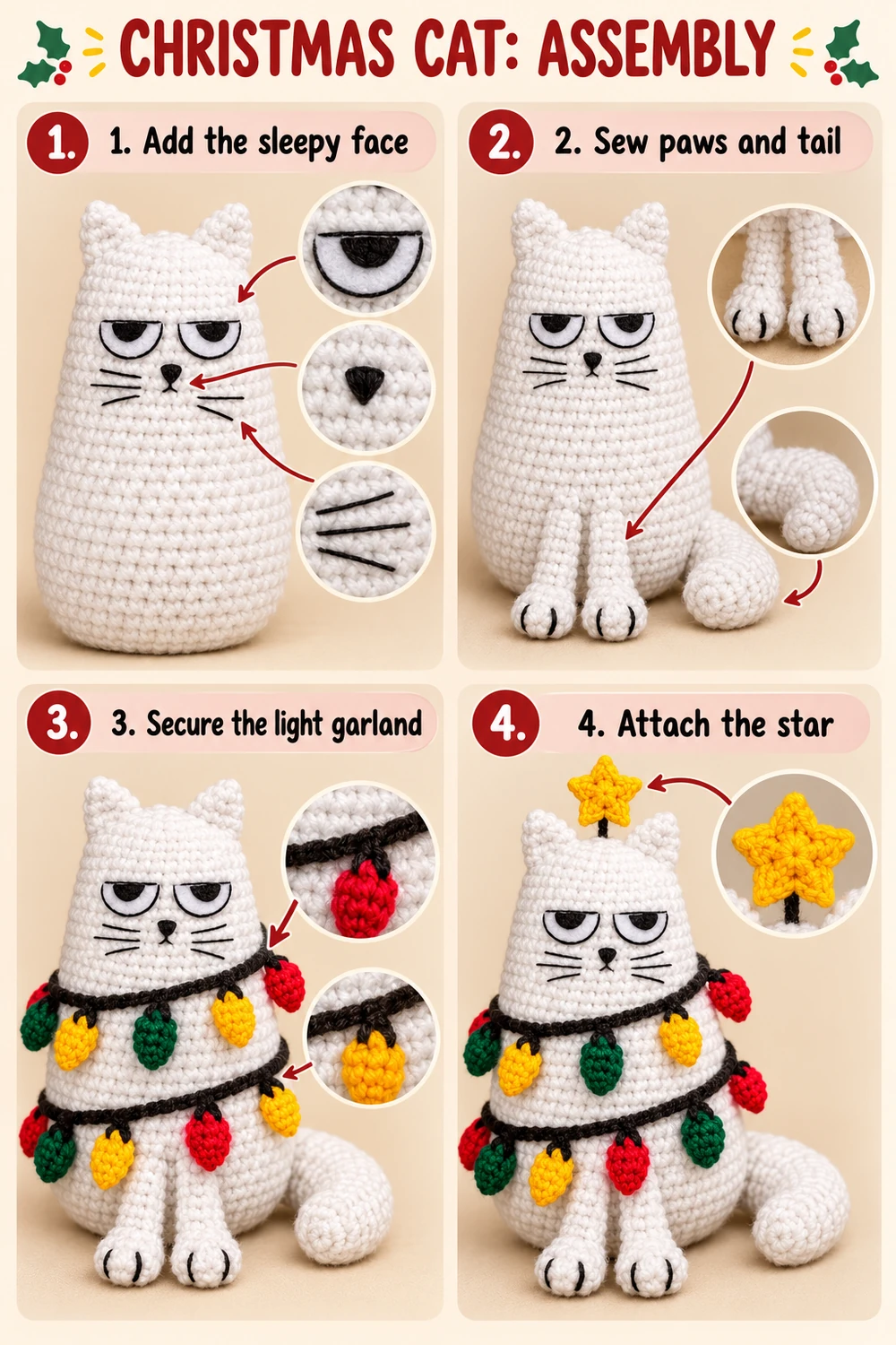 Christmas cat photo tutorial showing face, limbs, garland, and star assembly