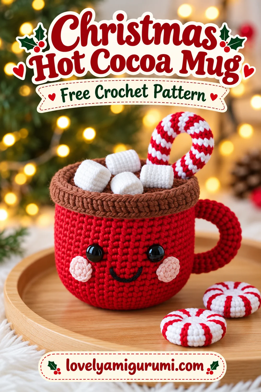 Smiling red Christmas hot cocoa mug amigurumi with marshmallows and candy cane, free crochet pattern