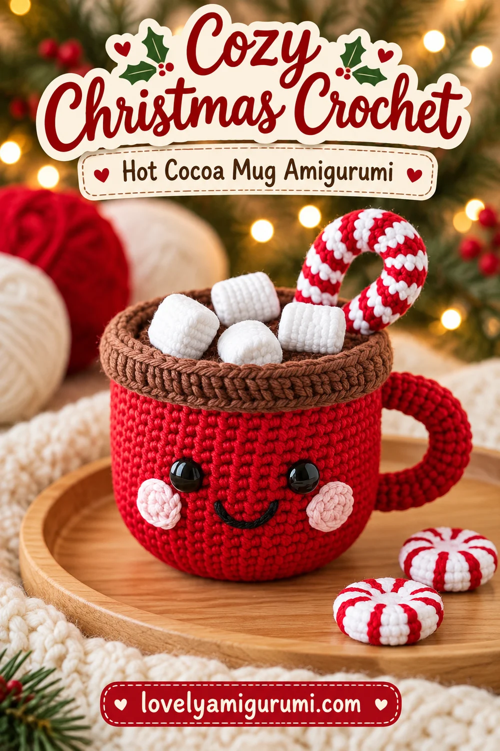 Cozy Christmas hot cocoa mug amigurumi with brown rim and striped festive toppings