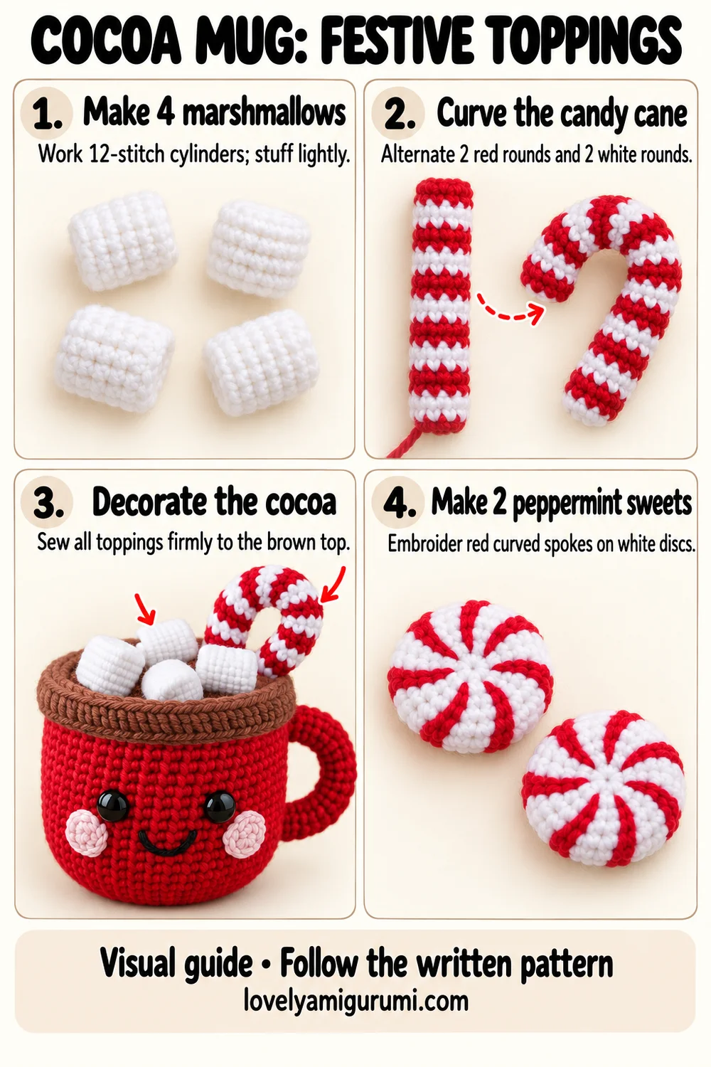 Christmas cocoa mug tutorial showing four marshmallows, striped candy cane and two peppermint sweets