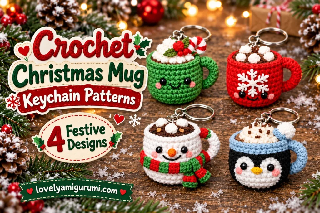 Christmas Mug Keychain Crochet Patterns with holly, snowflake, snowman, and penguin cups