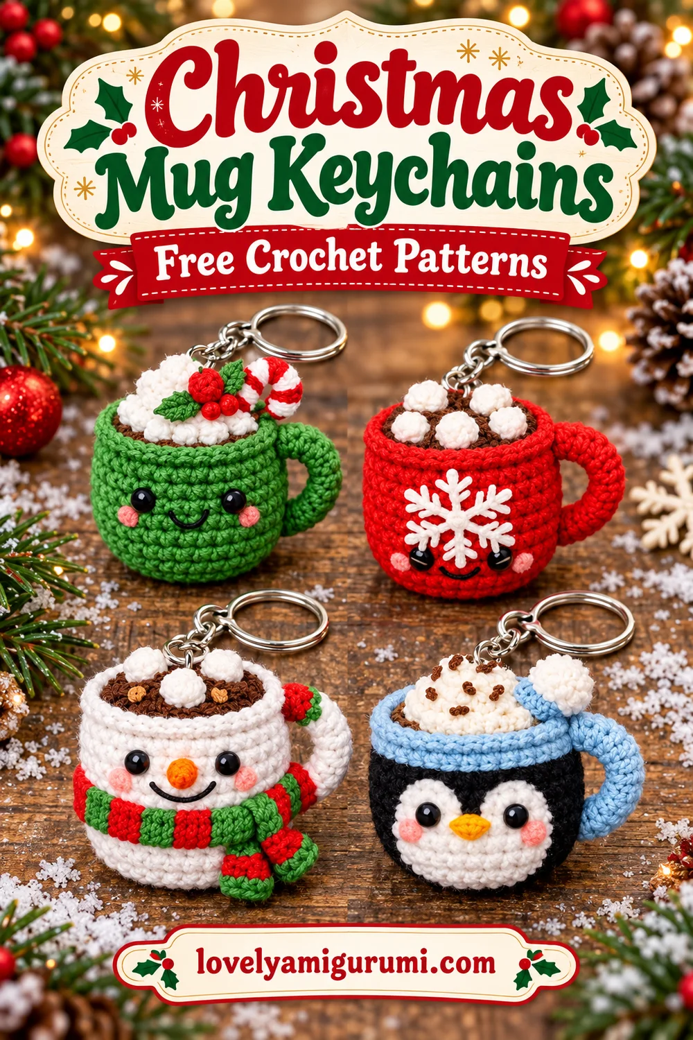 Four Christmas Mug Keychain Crochet Patterns Pinterest image