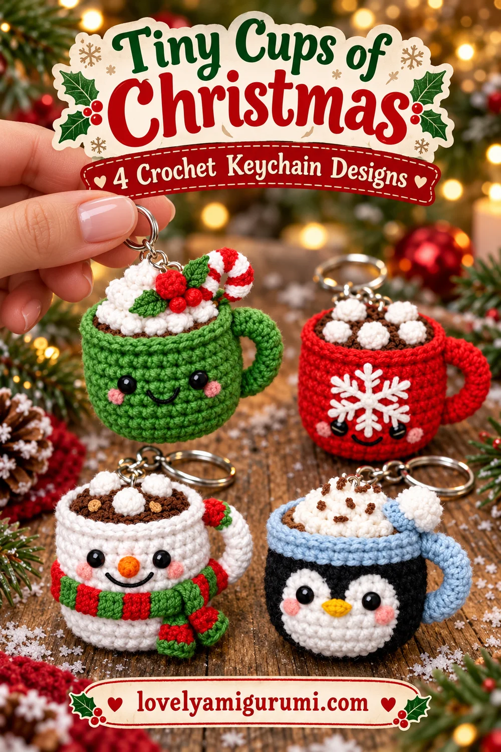 Tiny Christmas mug keychains with holly, snowflake, snowman, and penguin designs