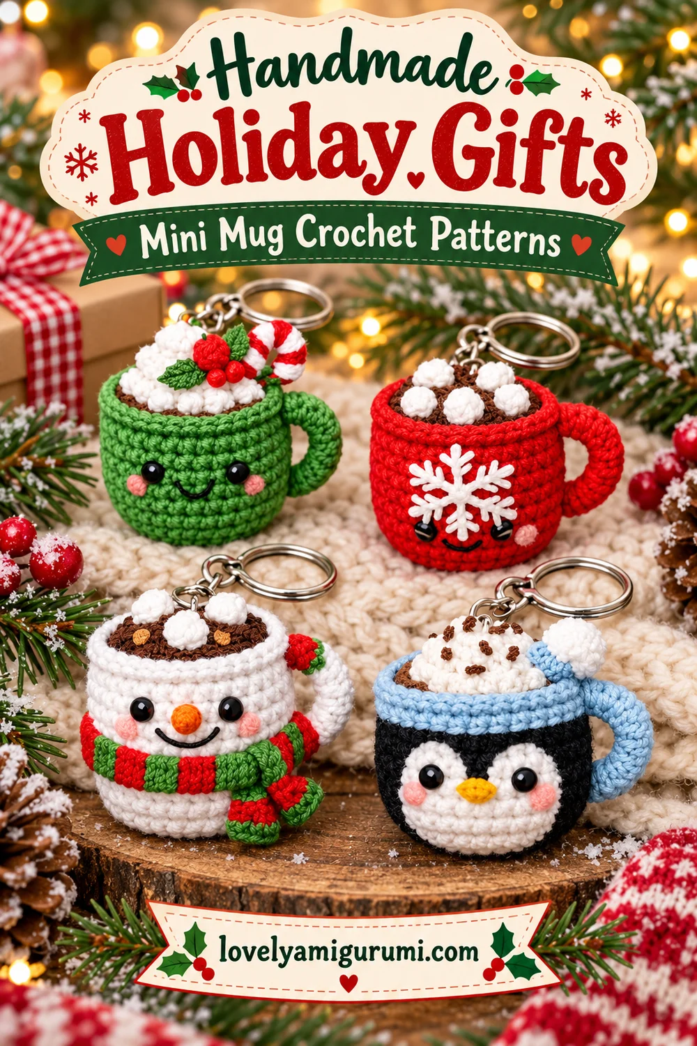 Handmade holiday gifts with four crochet mug keychains