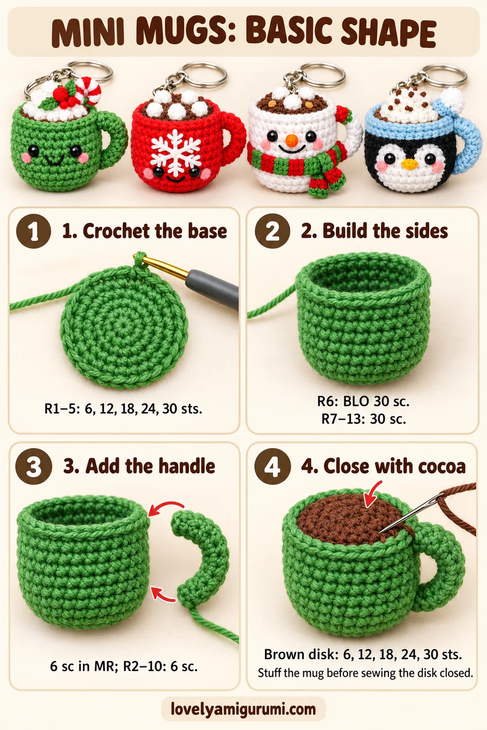 Mini mug crochet tutorial showing the base, sides, handle, and cocoa disk