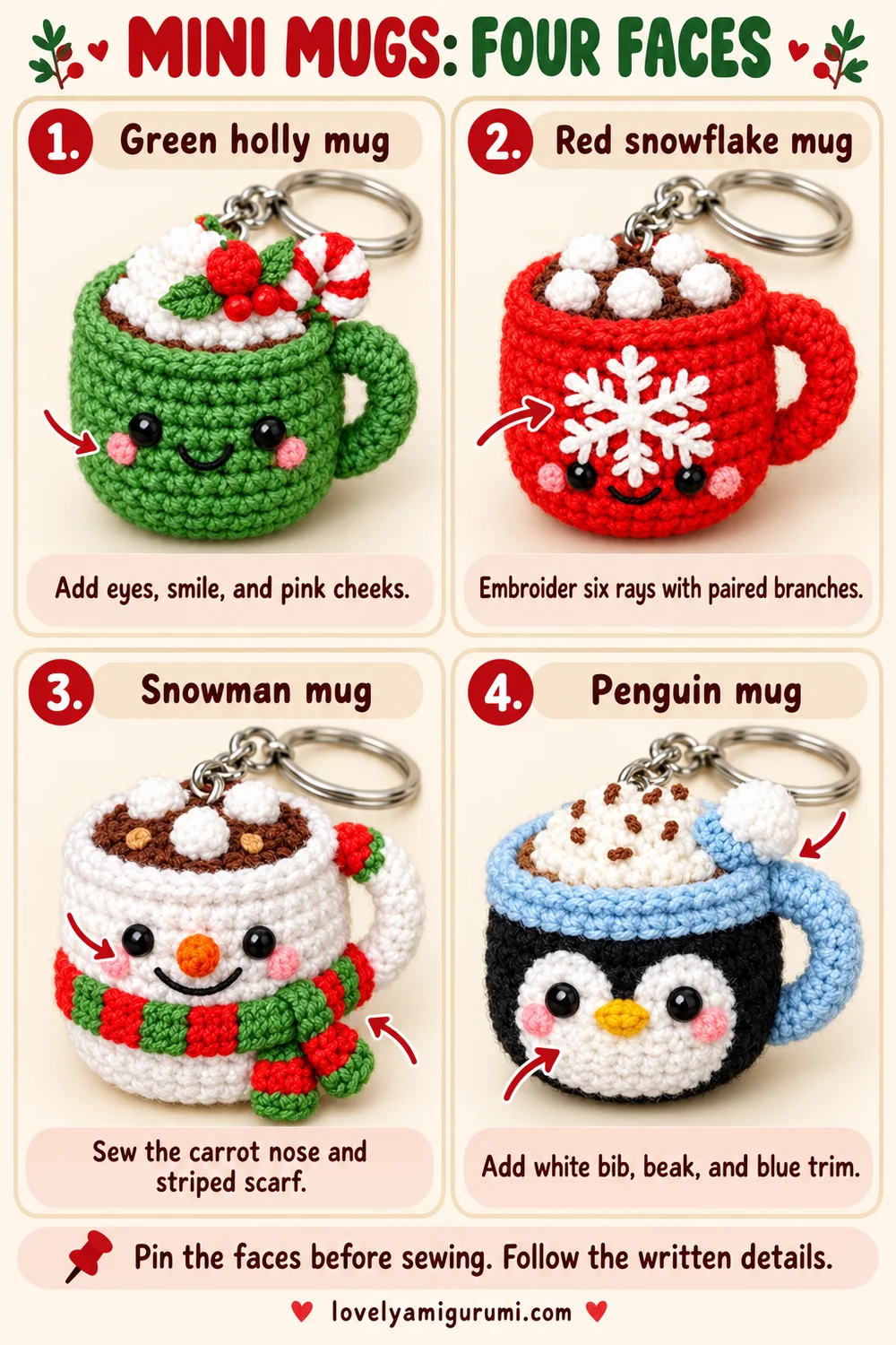 Crochet tutorial showing four Christmas mug faces and decorations