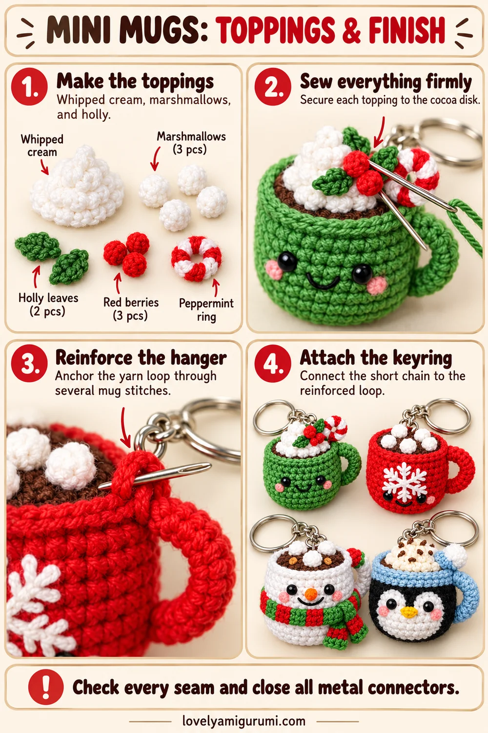 Mini mug crochet tutorial showing toppings and reinforced keyring attachment