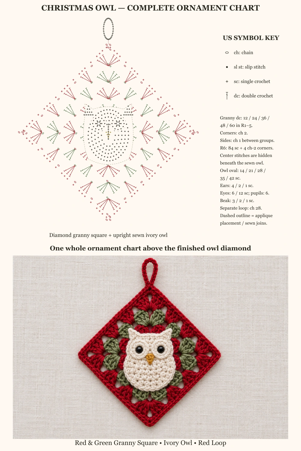 Christmas Owl Granny Square Crochet Pattern — complete ornament chart above finished owl diamond on ivory linen