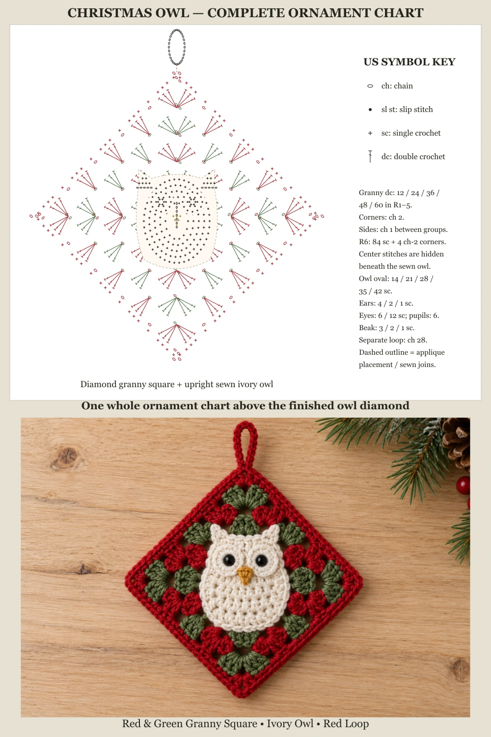 Christmas Owl Granny Square Crochet Pattern — complete ornament chart above finished owl diamond on pale wood