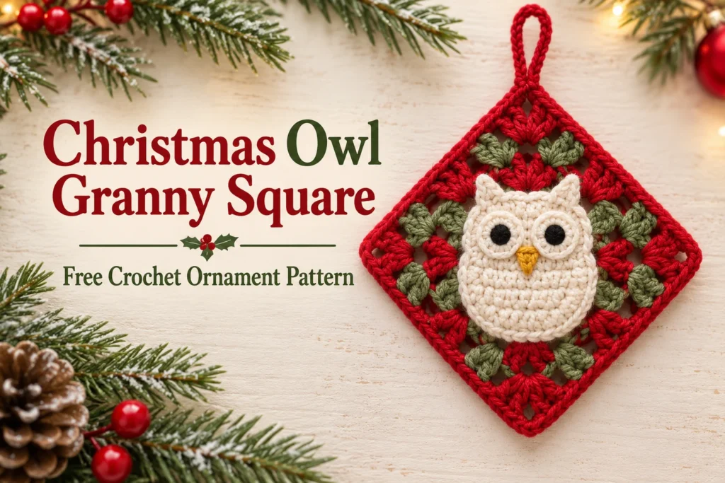 Christmas Owl Granny Square Crochet Pattern — cover with upright ivory owl on red and green diamond