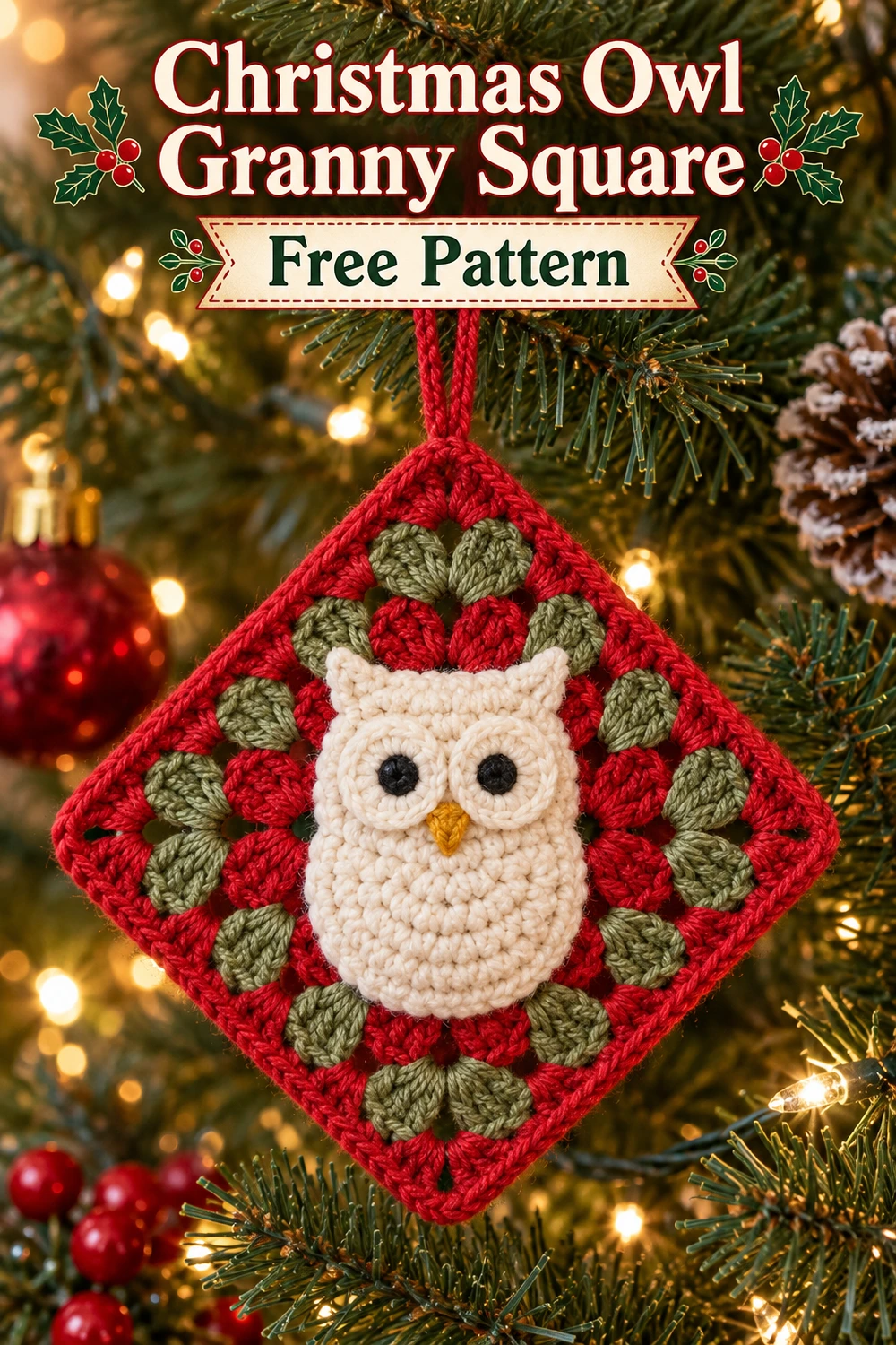 Christmas Owl Granny Square Crochet Pattern — Pinterest Christmas owl granny square hanging on pine