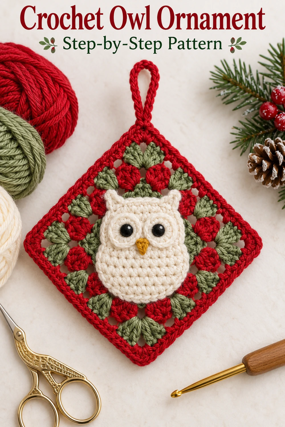 Christmas Owl Granny Square Crochet Pattern — Pinterest red and green owl ornament beside yarn