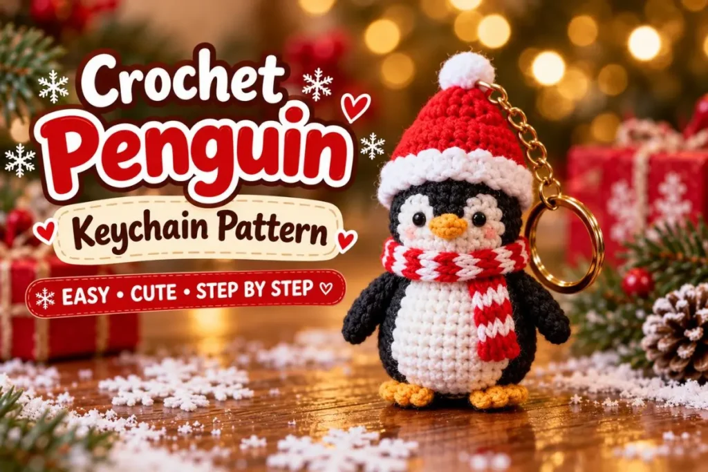 Christmas penguin keychain crochet pattern with a red Santa hat, white belly, striped scarf and yellow feet