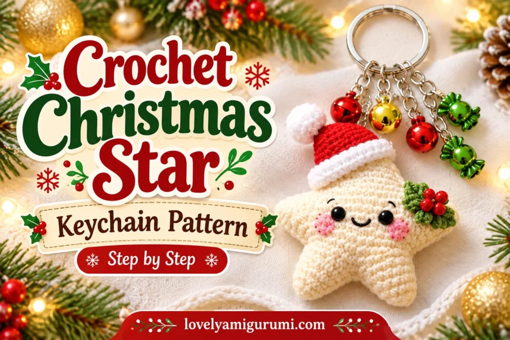 Christmas Star Keychain Crochet Pattern with cream star, Santa hat, holly and silver holiday charms