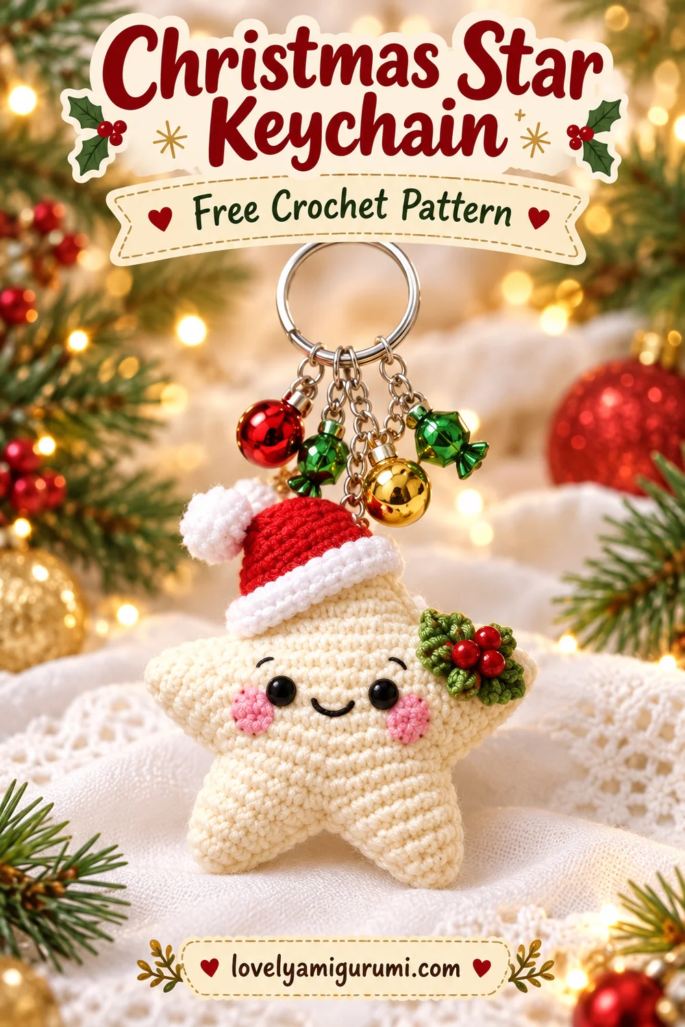 Cream Christmas star crochet keychain with Santa hat, holly and festive charms, free pattern