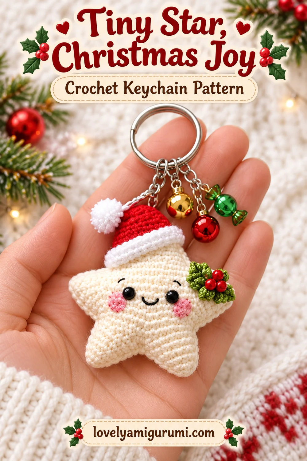 Small Christmas star crochet keychain held in a palm with silver ring and holiday charms
