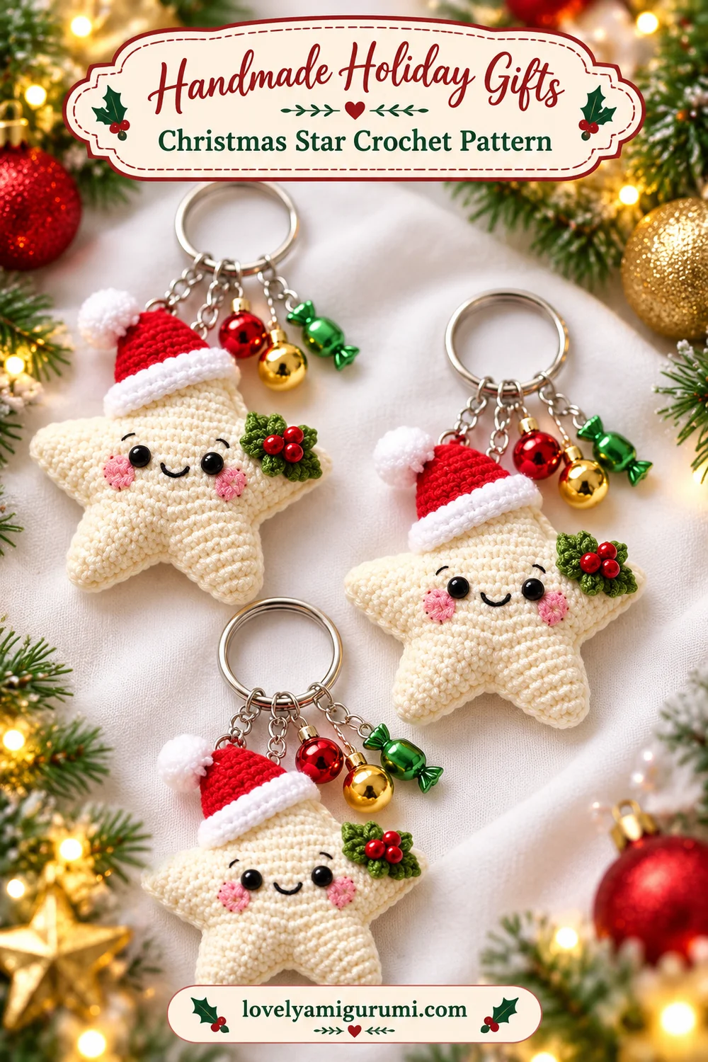 Three cream Christmas star crochet keychains with Santa hats and festive dangling charms
