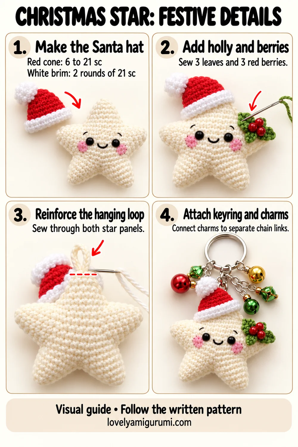Christmas star keychain finishing tutorial showing Santa hat, holly, reinforced loop and charms