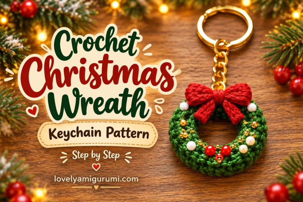 Christmas Wreath Crochet Keychain Pattern with green ring, red bow, festive beads and gold hardware