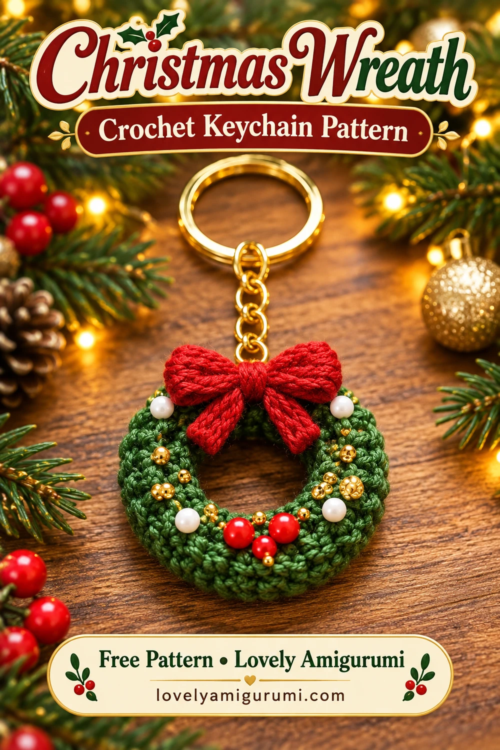 Christmas wreath crochet keychain with red bow and gold ring, free pattern Pinterest image